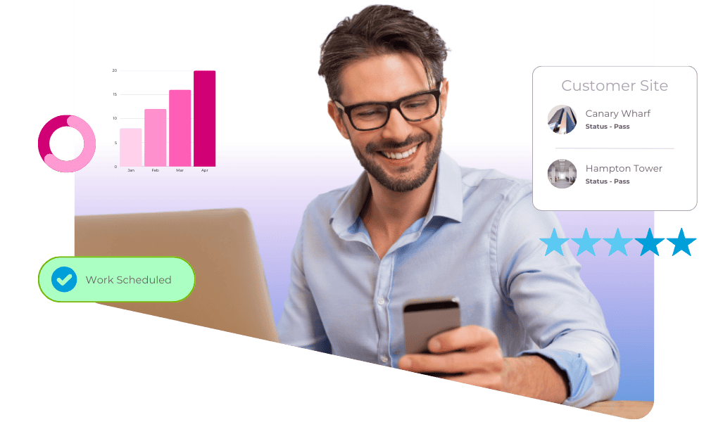 Business Owner using Facility Apps on Mobile and Laptop